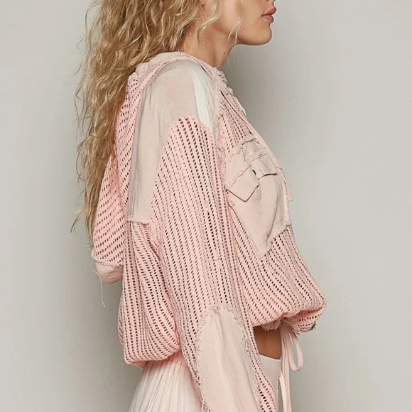 New POL Open Knit See Through Button Down Hoodie Top Frayed Edges Long Sleeve - Picture 2 of 5